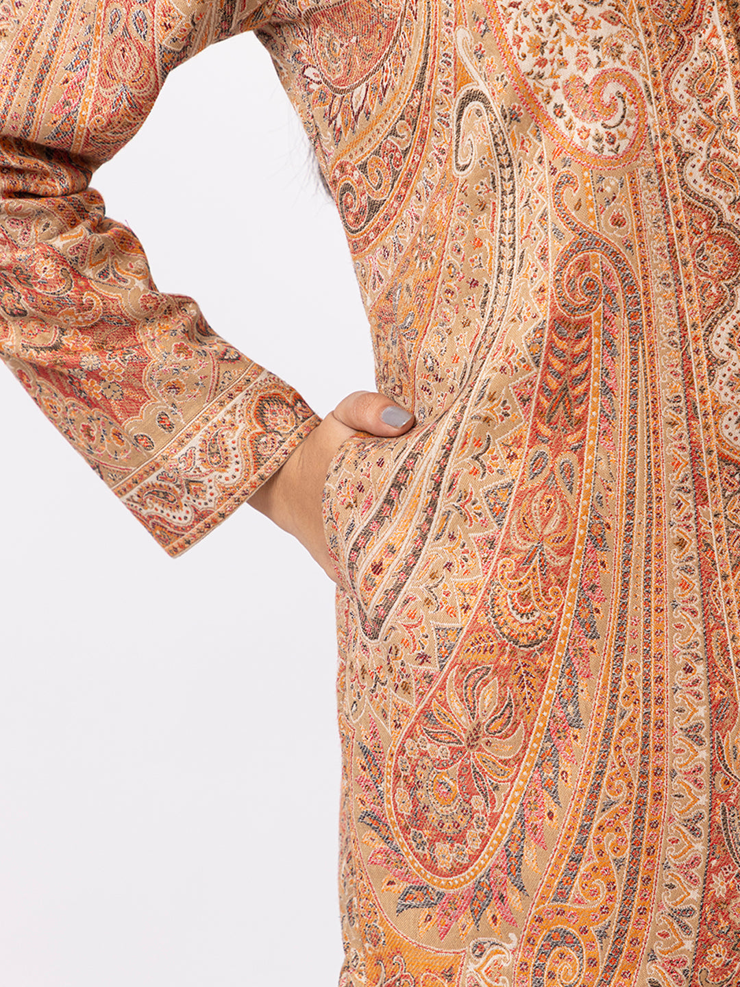 Tillaari Beige Paisley Jaal Woven Jacket for Women