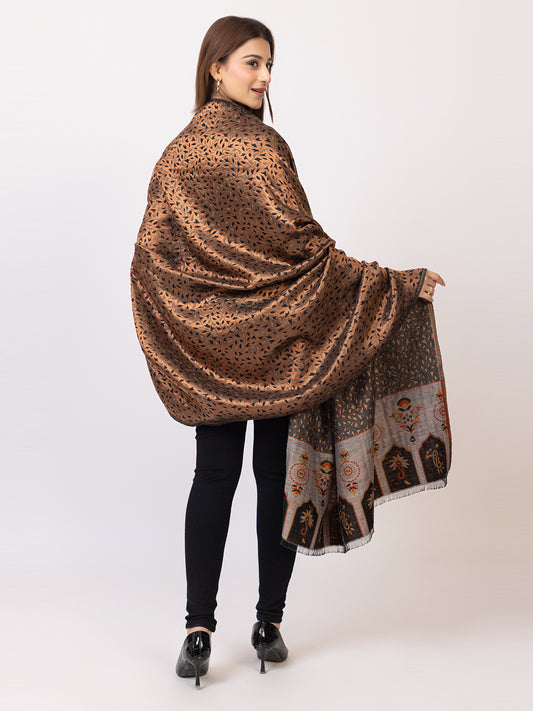Tillaari Grey Copper Wool Blend Shawl with Leaf Motifs