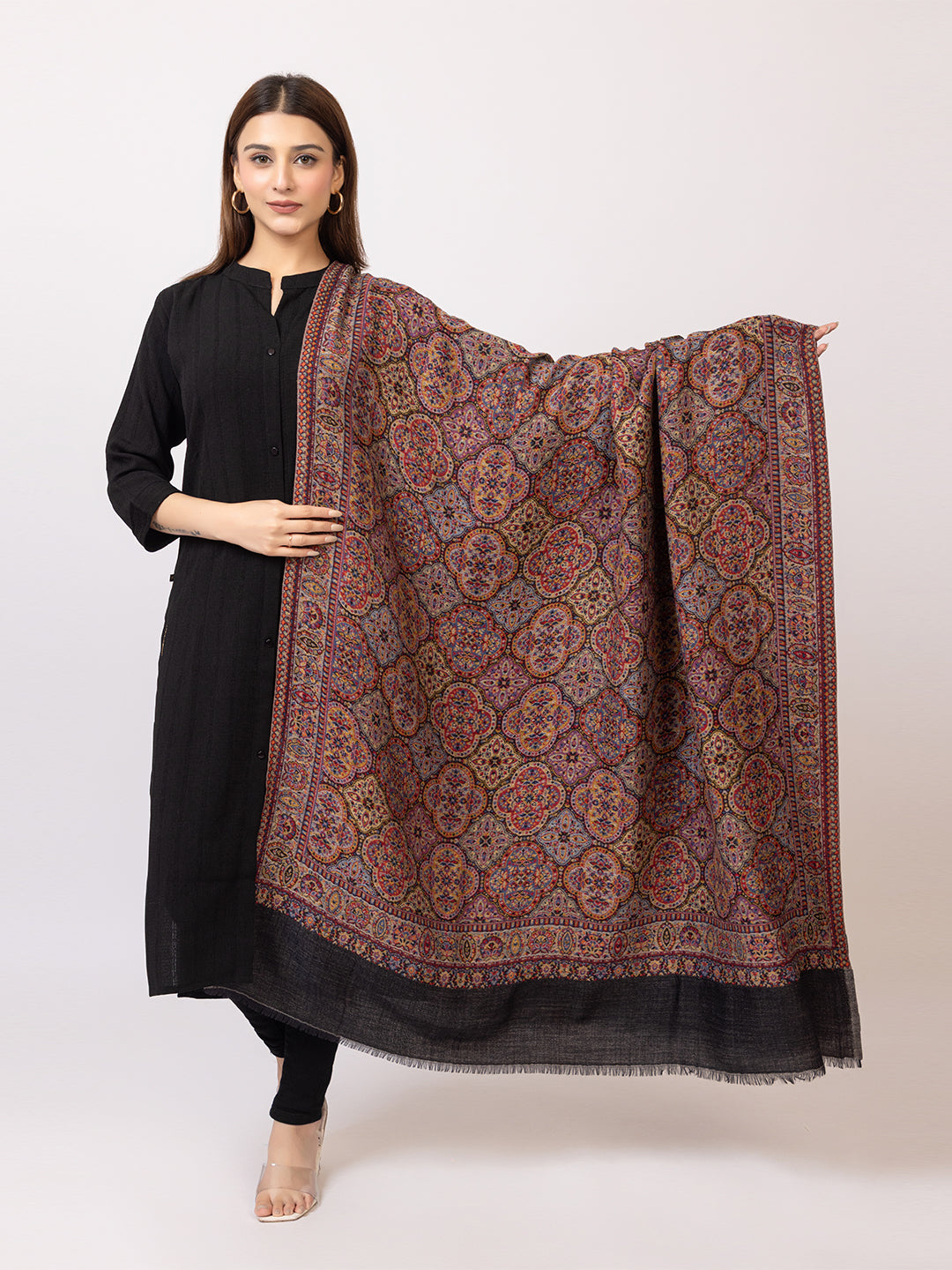 Tillaari Elegant Black Geometric Shawl With Intricate Indian Motifs Tillaari Elegant Black Geometric Shawl With Intricate Indian Motifs