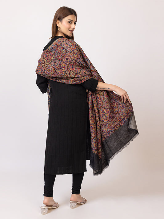 Tillaari Elegant Black Geometric Shawl with Intricate Indian Motifs