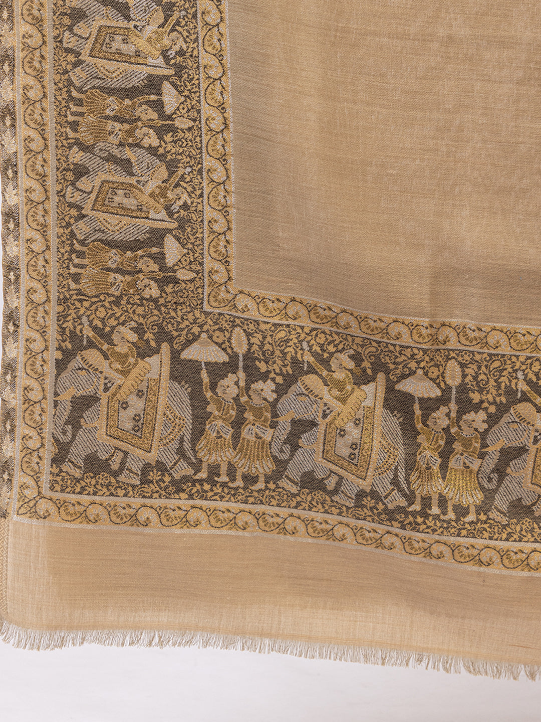 Tillaari Beige Shawl with Traditional Elephant and Floral Border
