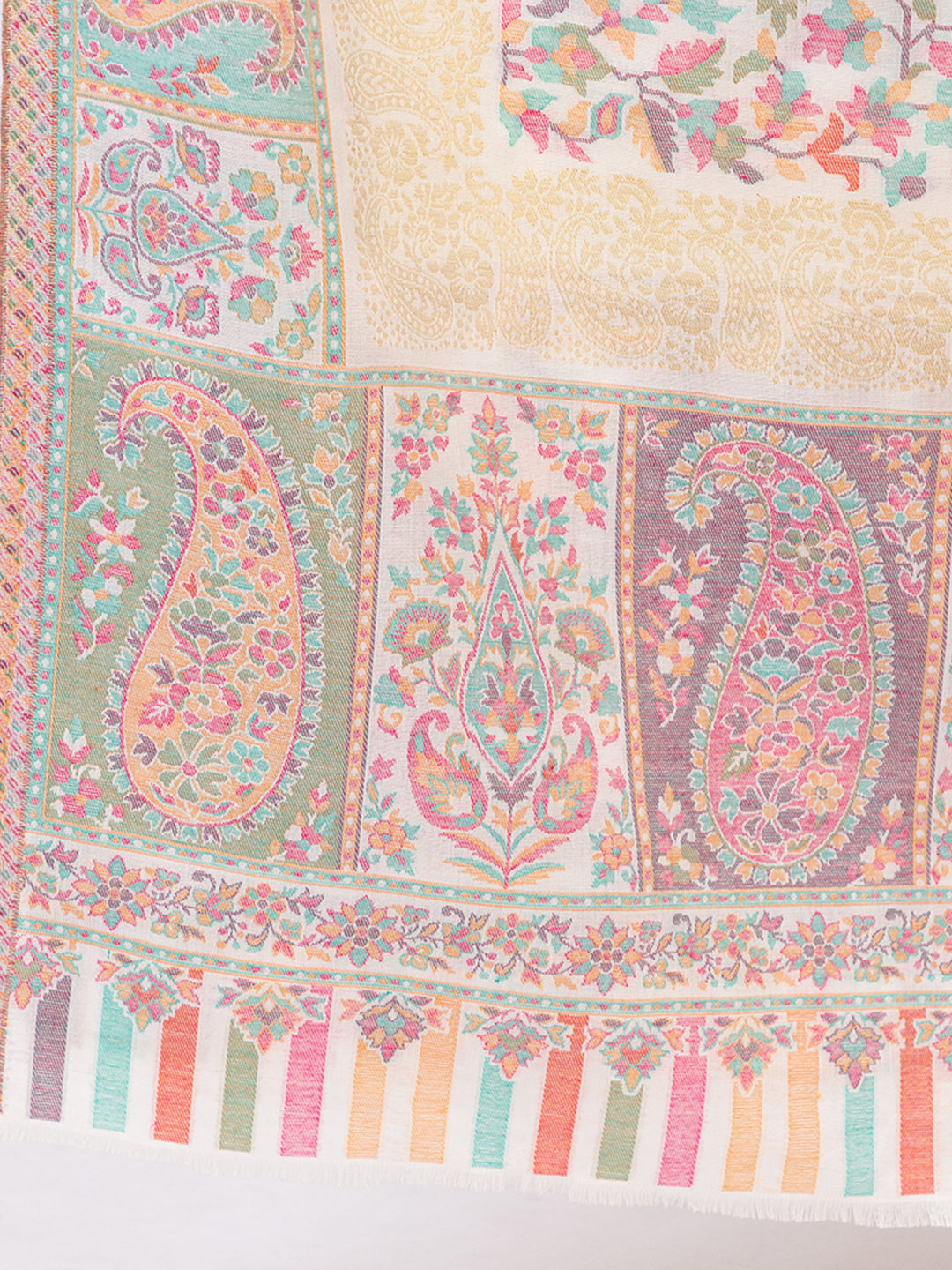 Tillaari White Kaani Shawl with Multicolor Floral and Paisley Design