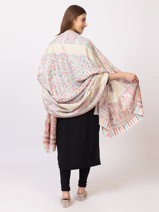 Tillaari White Kaani Shawl with Multicolor Floral and Paisley Design
