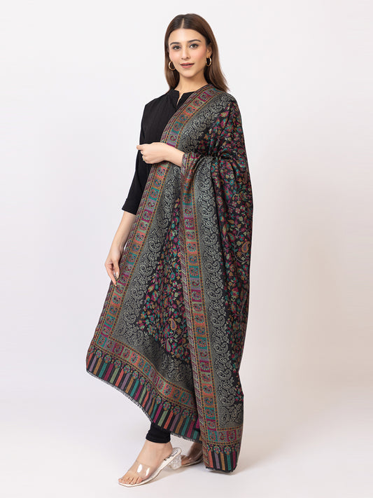 Tillaari Black Kani Shawl with Multicolor Floral and Paisley Design