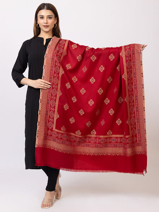 Tillaari Maroon Geometric Buti Shawl with Ornamental Border