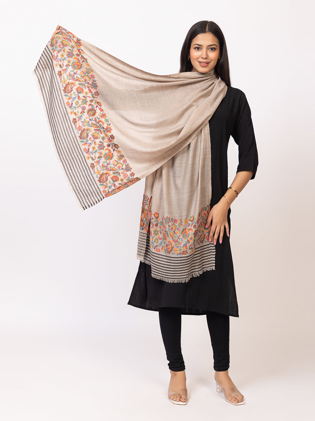 Tillaari Beige Stole with Striped Edge and Multicolor Floral Border