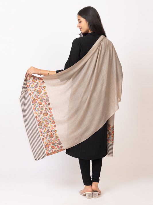 Tillaari Beige Stole with Striped Edge and Multicolor Floral Border