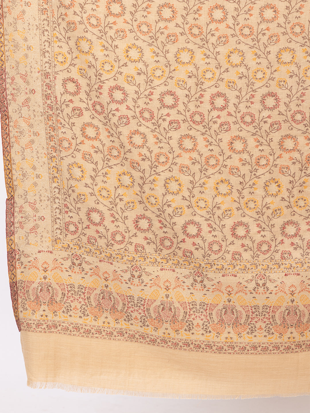 Tillaari Beige Shawl with Floral Jaal and Paisley Border