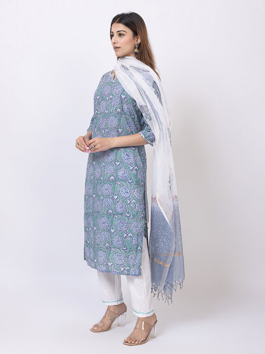 Tillaari Blue Printed Straight Kurta Set with Kota Doriya Dupatta
