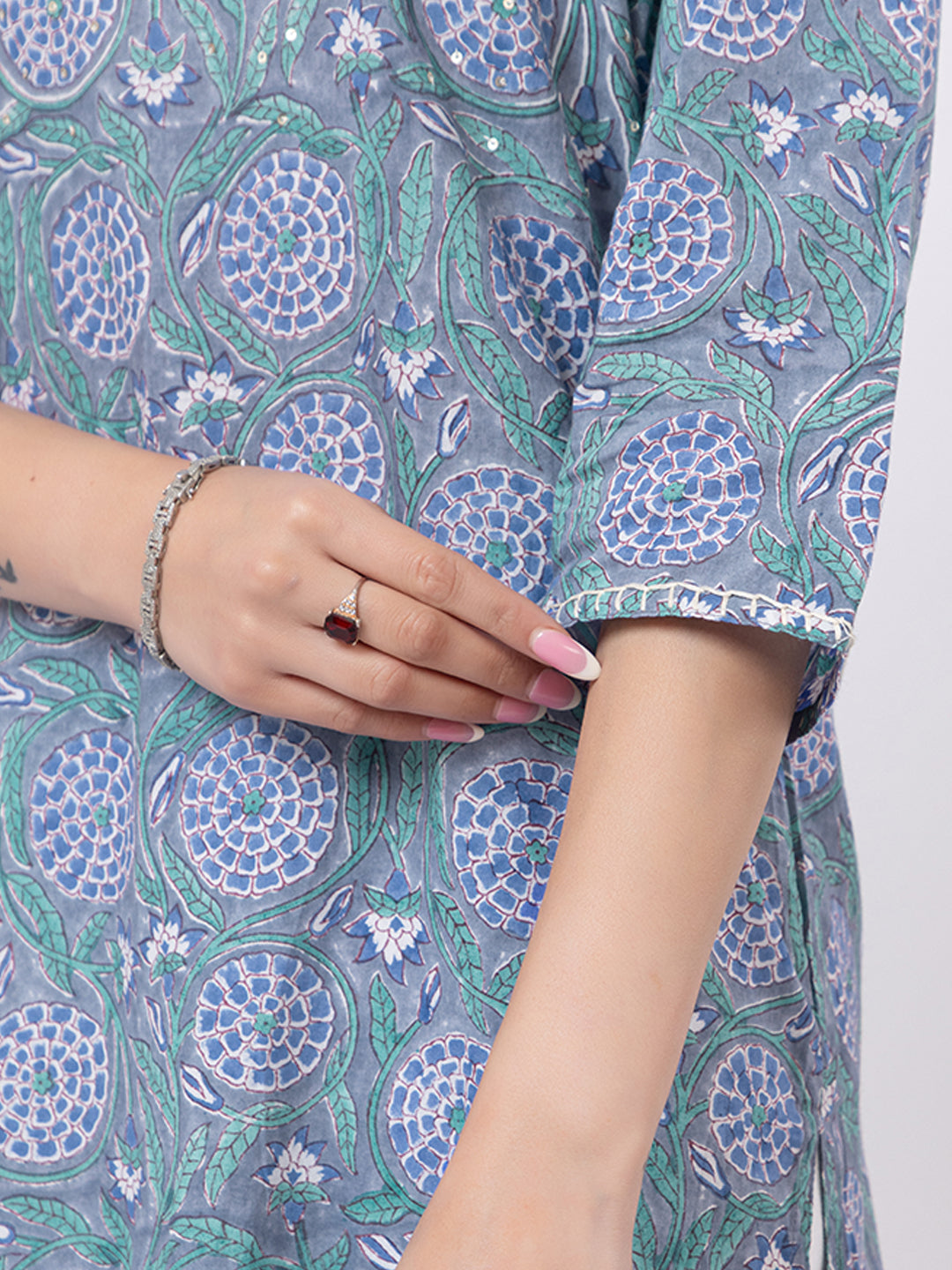 Tillaari Blue Printed Straight Kurta Set with Kota Doriya Dupatta