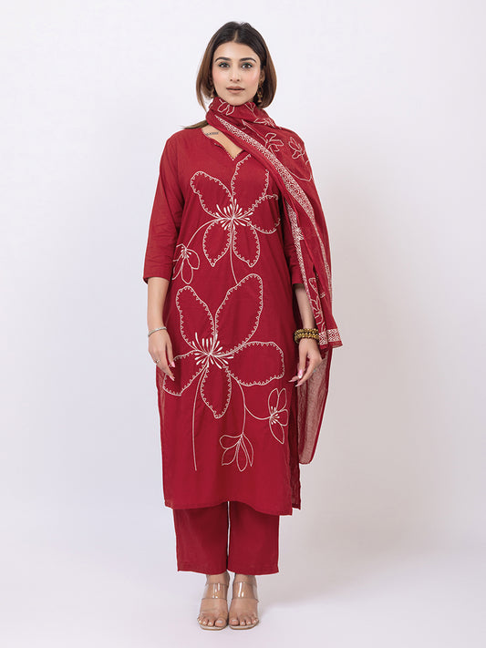 Tillaari Red Floral Embroidered Straight Kurta Set with Bandhani Print Dupatta