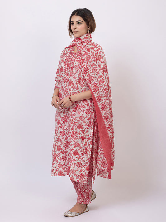 Tillaari Pink Floral Printed Straight Kurta Set with Dupatta