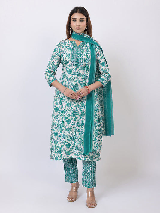 Tillaari Green Floral Printed Straight Kurta Set with Dupatta