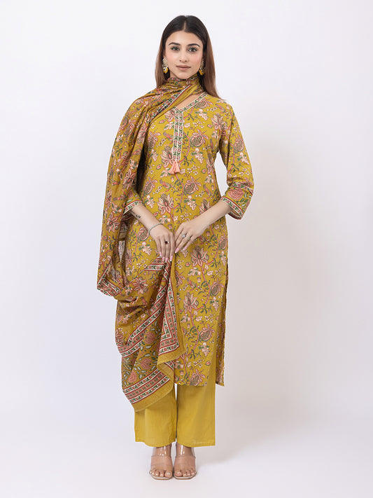Tillaari Amaltas Yellow Ochre Cotton Kurta Set with Printed Dupatta