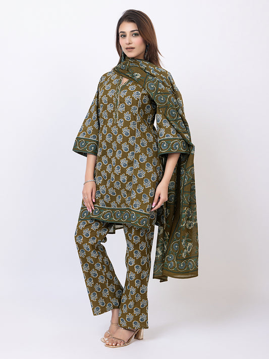 Tillaari Olive Floral Boota Cotton Kurta Set