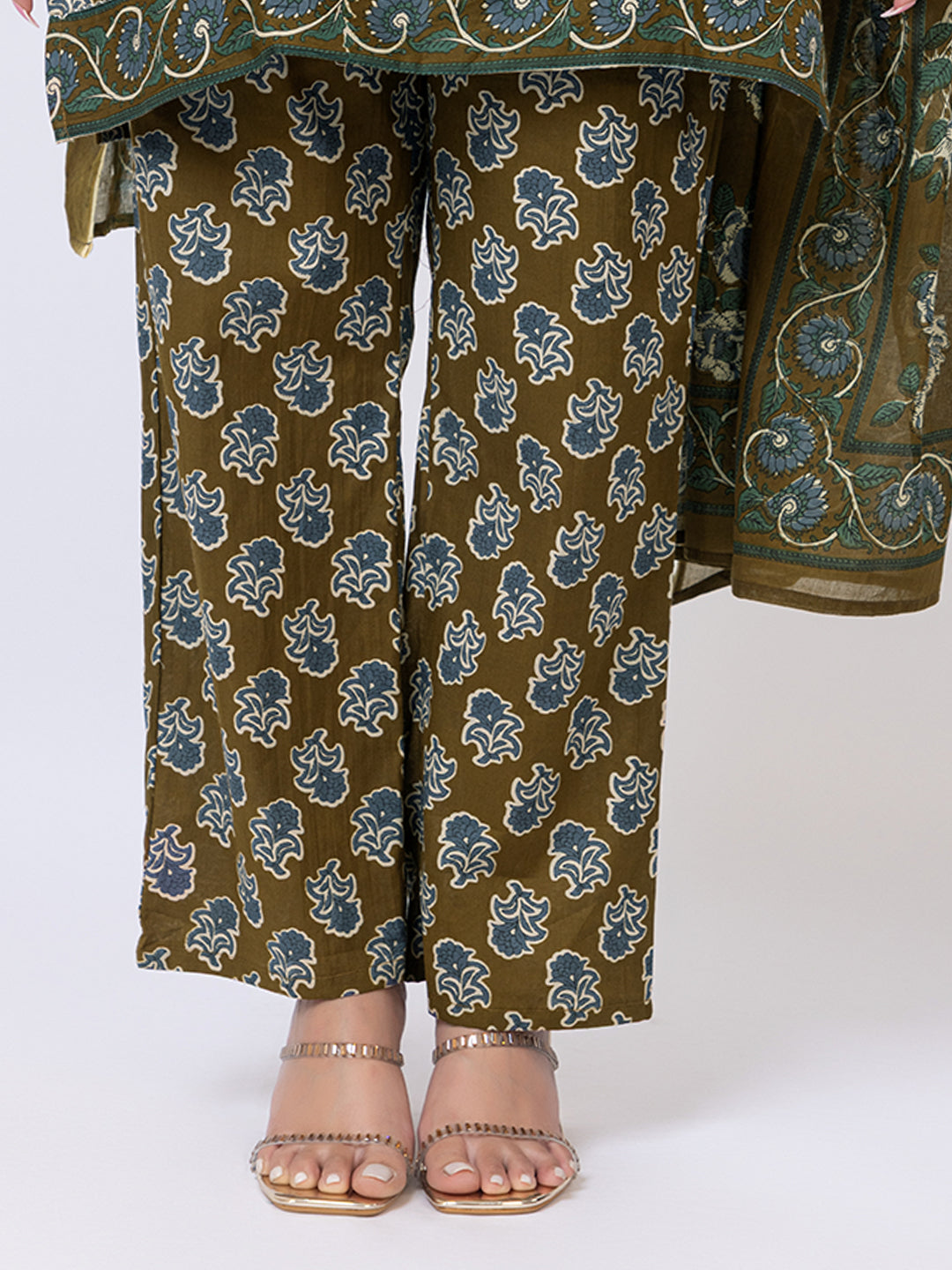 Tillaari Olive Floral Boota Cotton Kurta Set