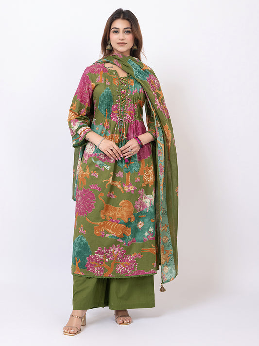 Tillaari Olive Green Printed Straight Kurta Set with Dupatta