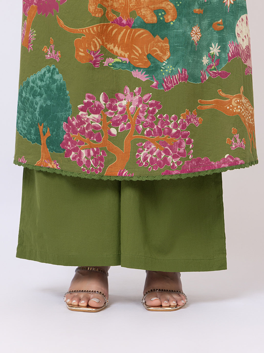 Tillaari Olive Green Printed Straight Kurta Set with Dupatta
