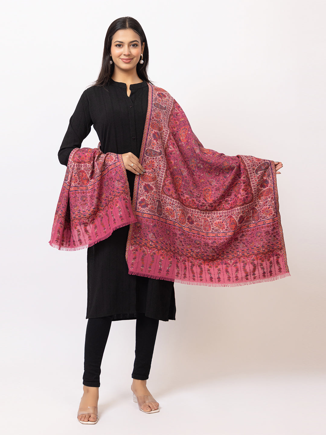 Tillaari Pink Stole with Intricate Paisley and Floral design