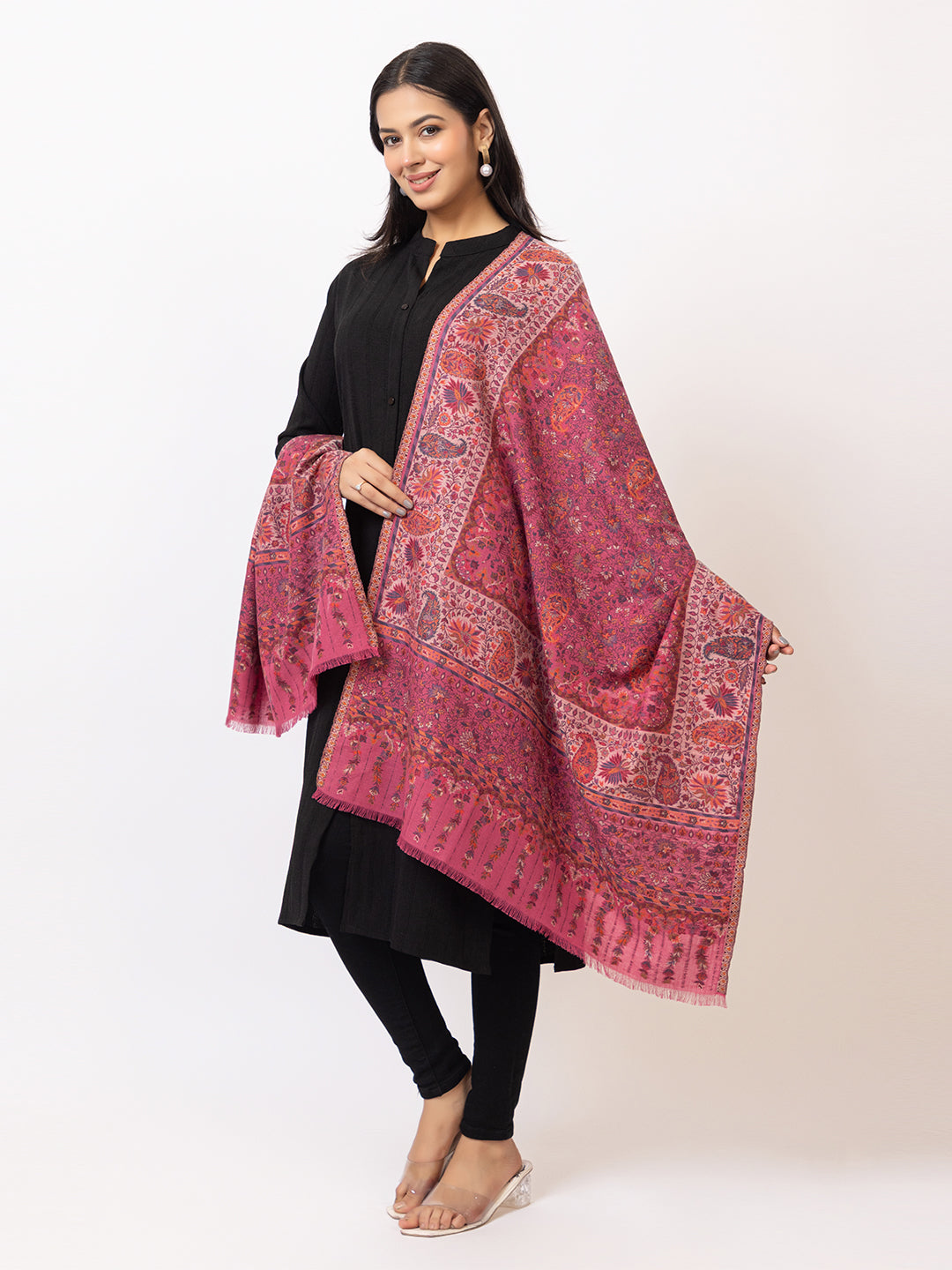 Tillaari Pink Stole with Intricate Paisley and Floral design