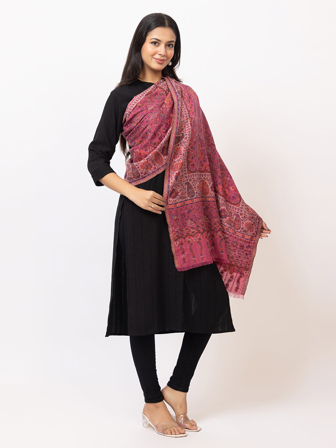Tillaari Pink Stole with Intricate Paisley and Floral design