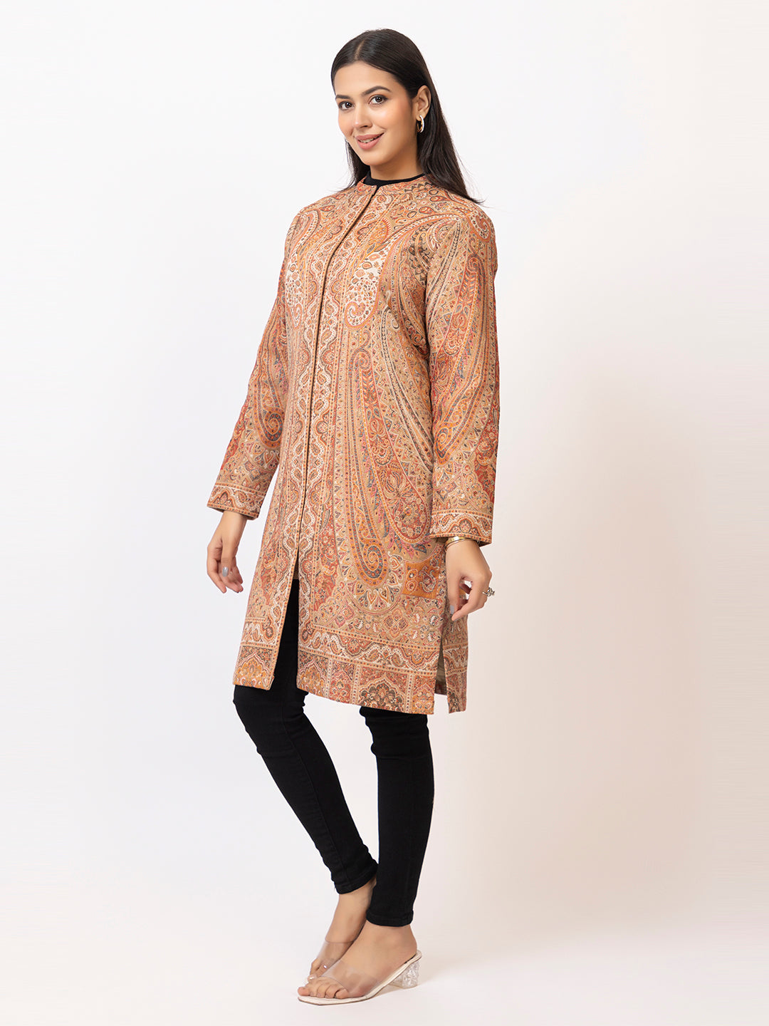 Tillaari Beige Paisley Jaal Woven Jacket for Women