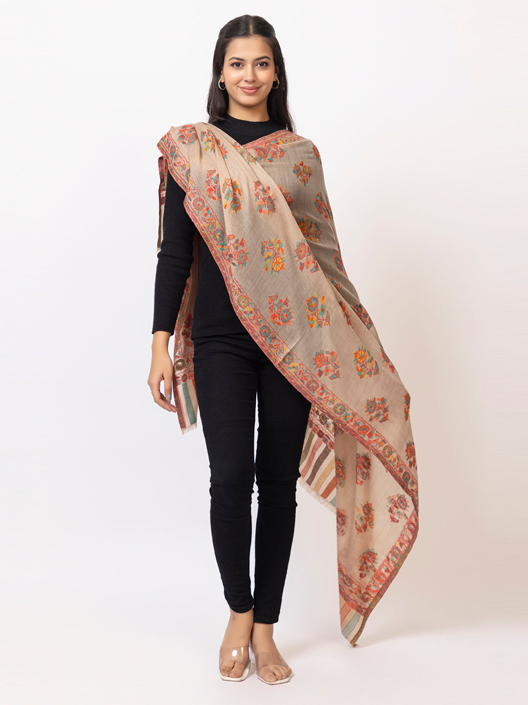 Tillaari Light Mixture Shawl with Multicolor Floral Buti Motifs