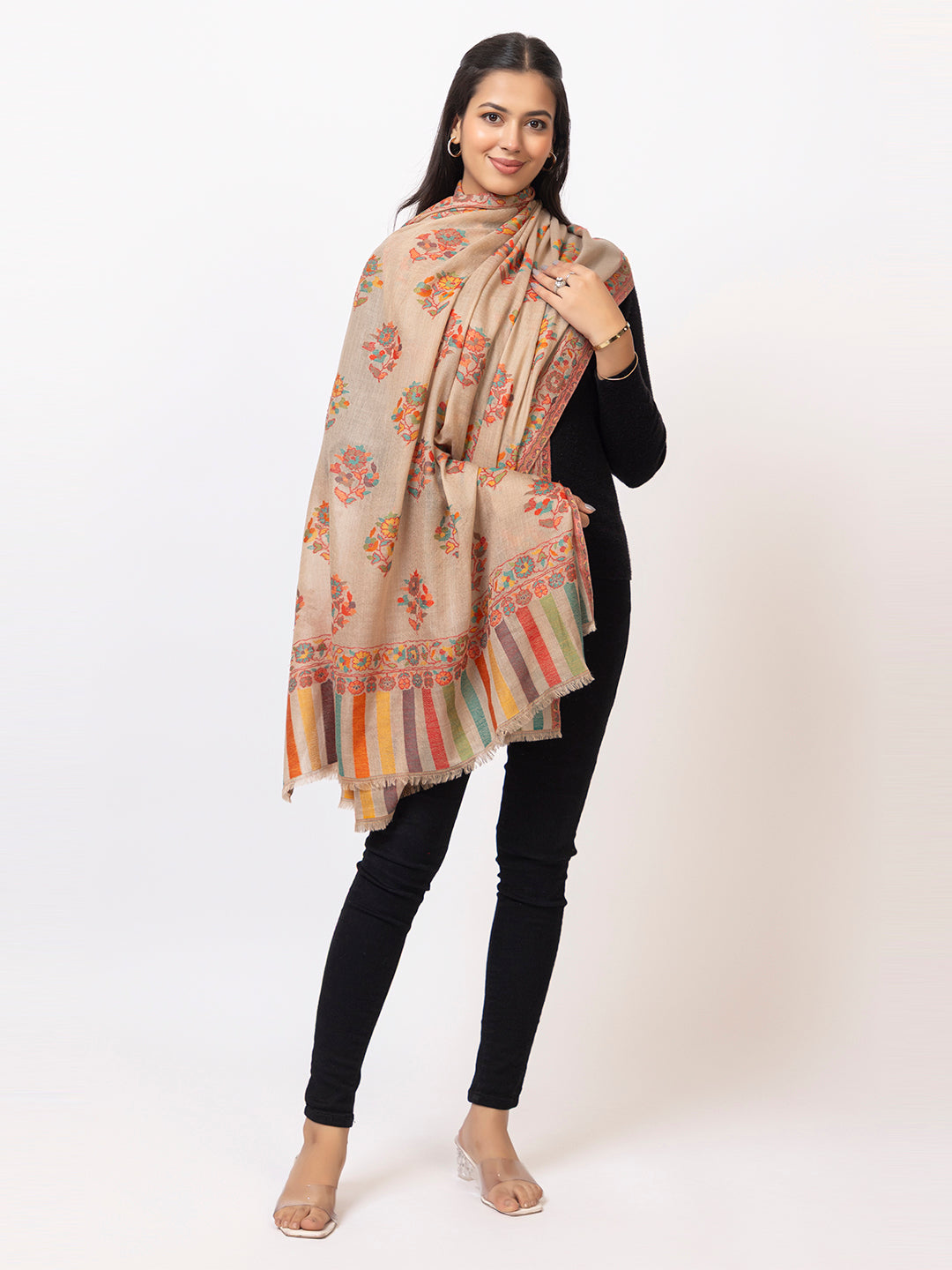 Tillaari Light Mixture Shawl with Multicolor Floral Buti Motifs