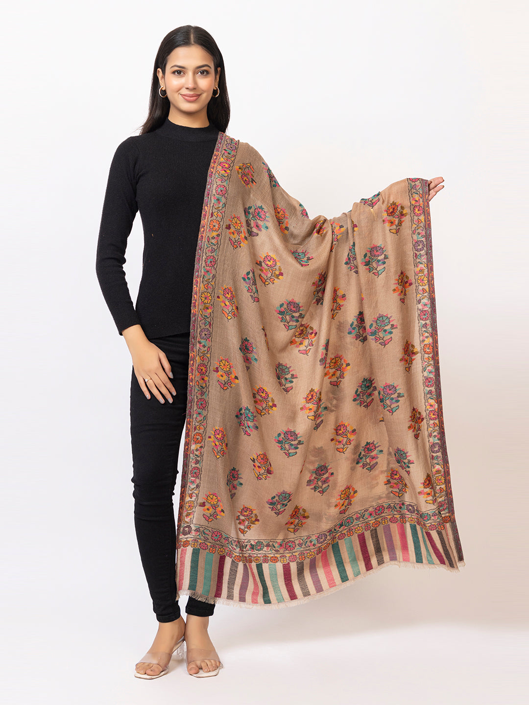 Tillaari Dark Mixture Shawl with Multicolor Floral Buti Motifs