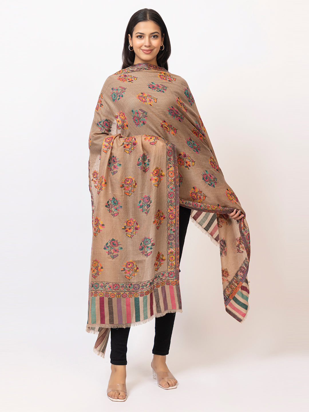 Tillaari Dark Mixture Shawl with Multicolor Floral Buti Motifs