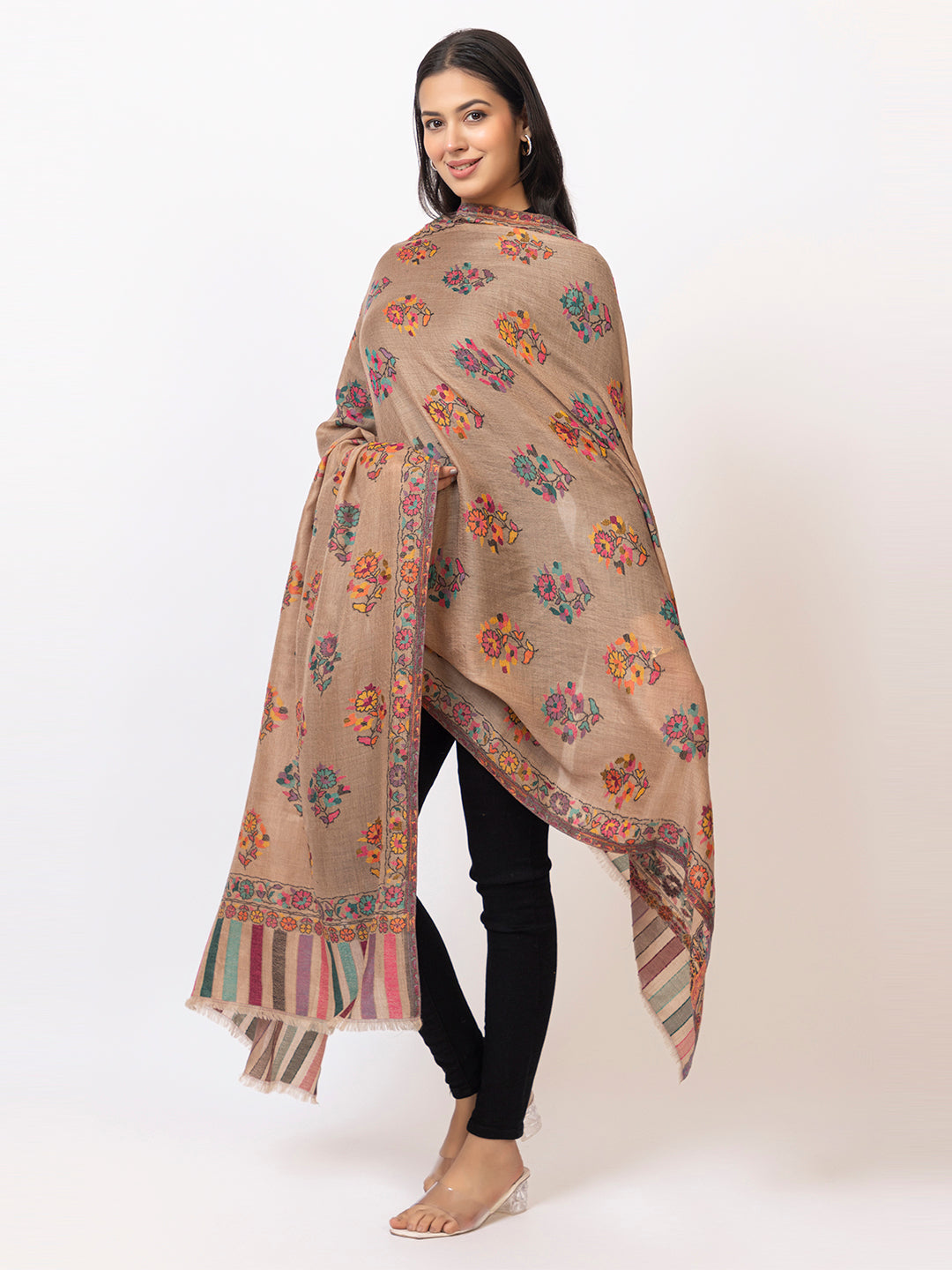 Tillaari Dark Mixture Shawl with Multicolor Floral Buti Motifs