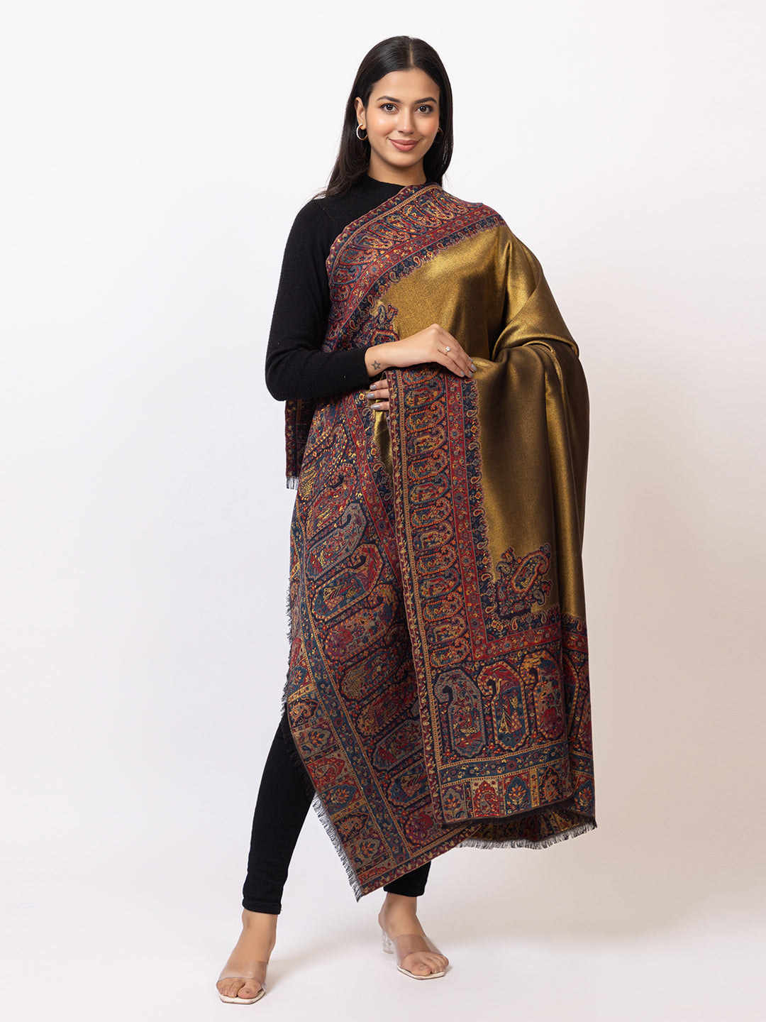 Tillaari Black-Gold Shawl with Intricate Paisley and Floral Zari Base
