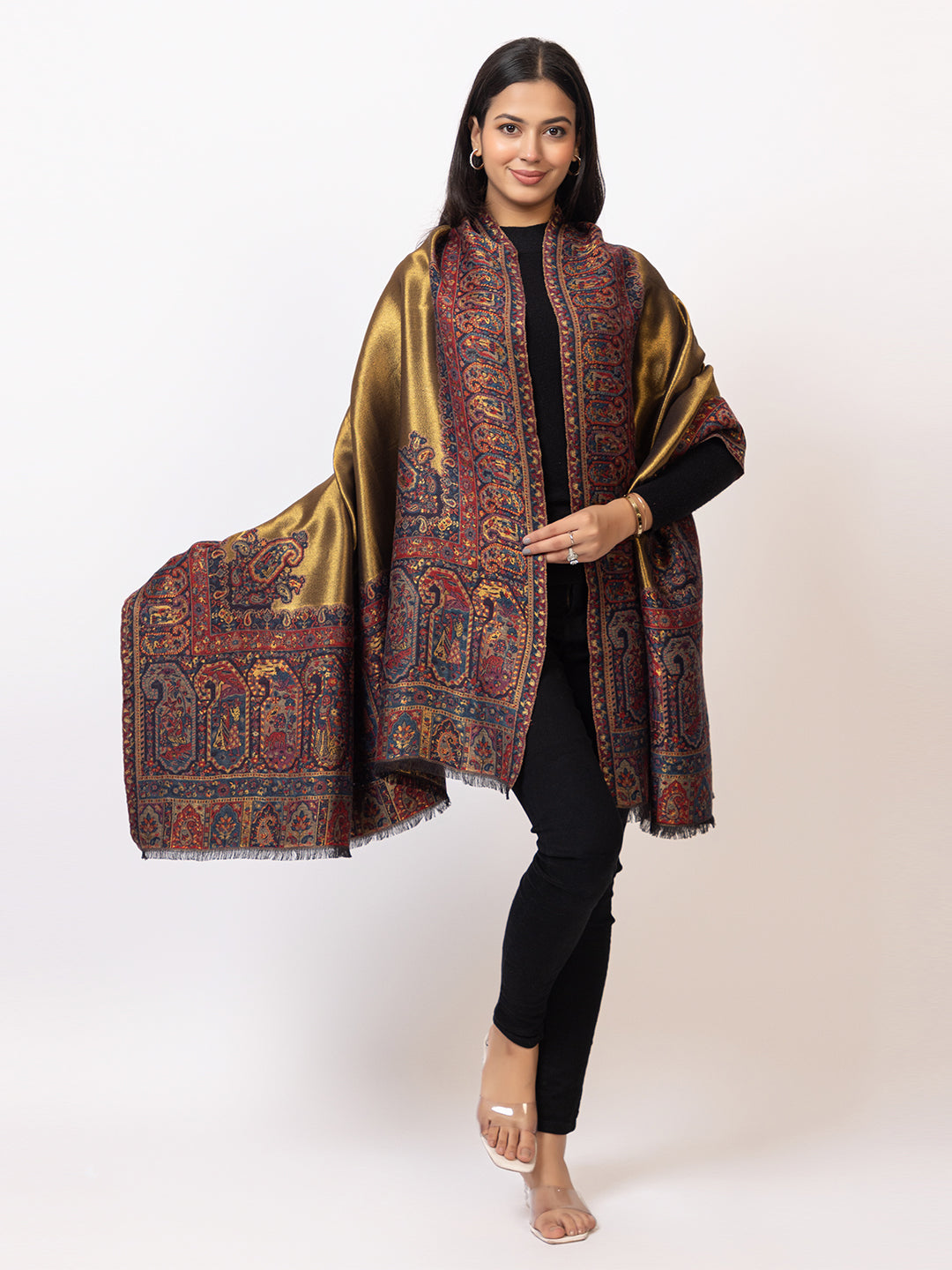 Tillaari Black-Gold Shawl with Intricate Paisley and Floral Zari Base