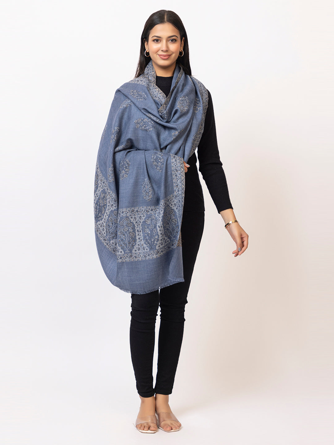 Tillaari Timeless Blue Shawl adorned with Refined Buti Motifs
