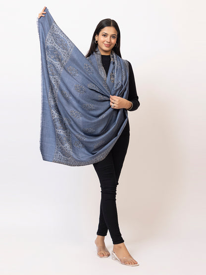 Tillaari Timeless Blue Shawl adorned with Refined Buti Motifs