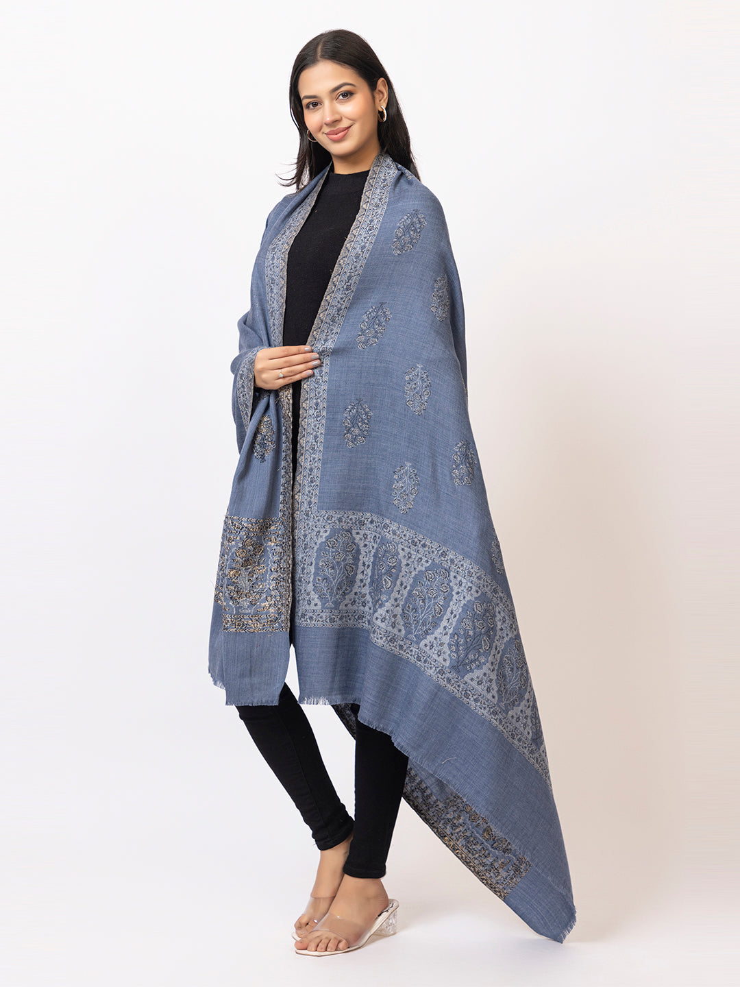 Tillaari Timeless Blue Shawl adorned with Refined Buti Motifs