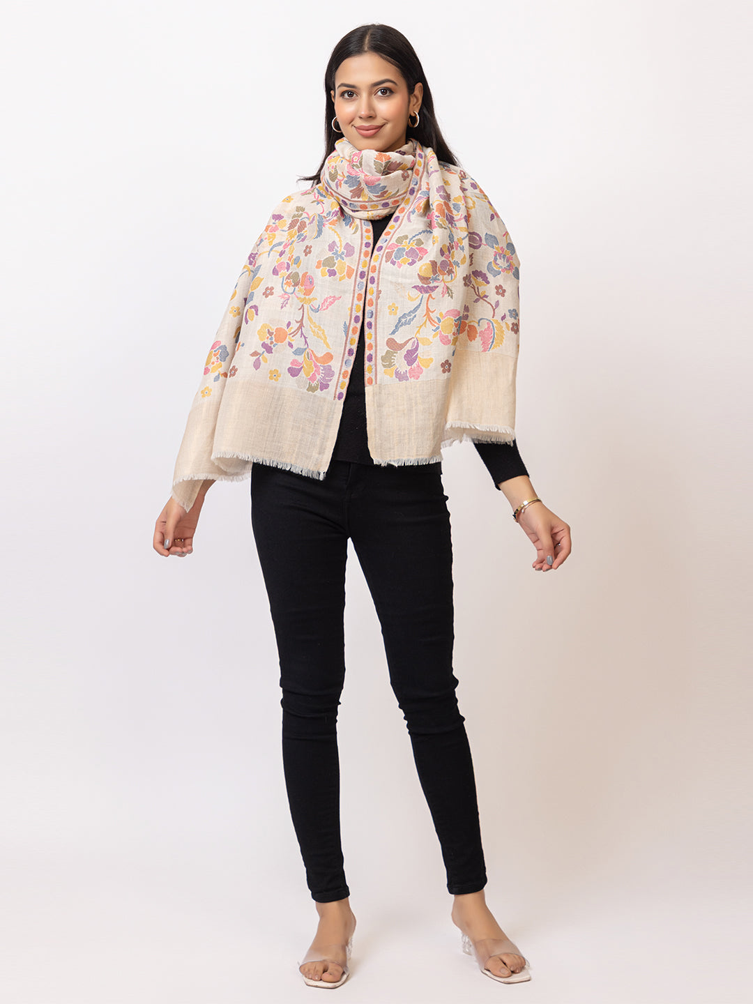 Tillaari Elegant Stole with Multicolor Floral Jaal