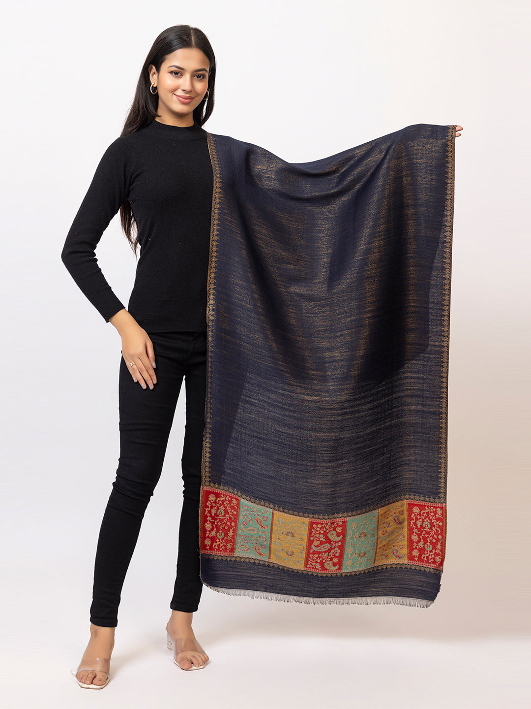 Tillari Night Blooming Navy Stole with Ethnic Border