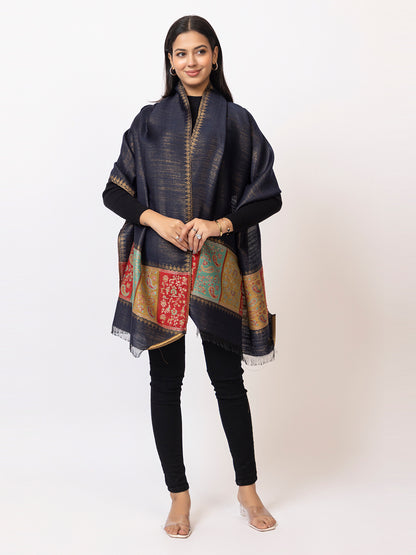 Tillari Night Blooming Navy Stole with Ethnic Border