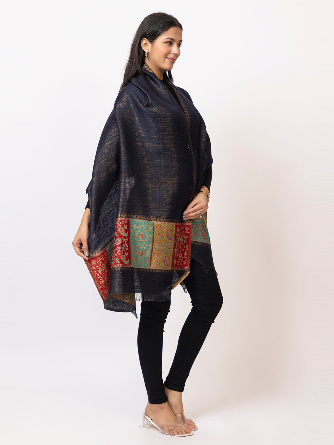 Tillari Night Blooming Navy Stole with Ethnic Border