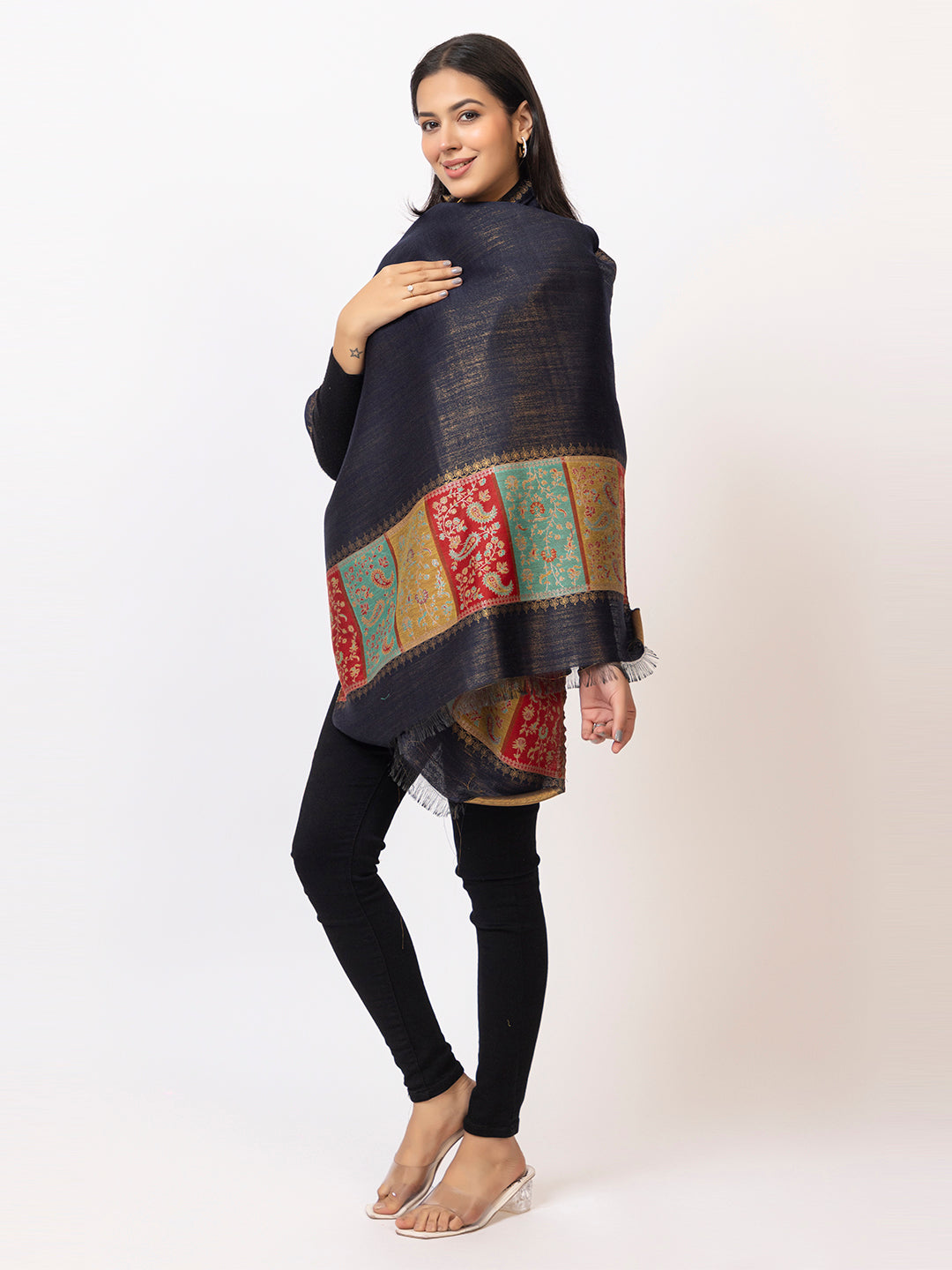 Tillari Night Blooming Navy Stole with Ethnic Border