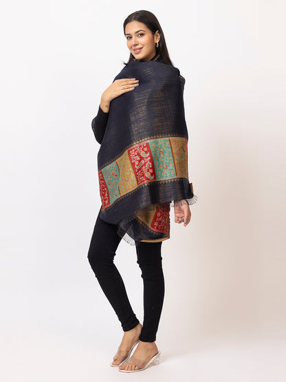 Tillari Night Blooming Navy Stole with Ethnic Border