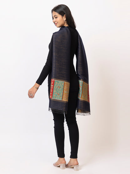 Tillari Night Blooming Navy Stole with Ethnic Border