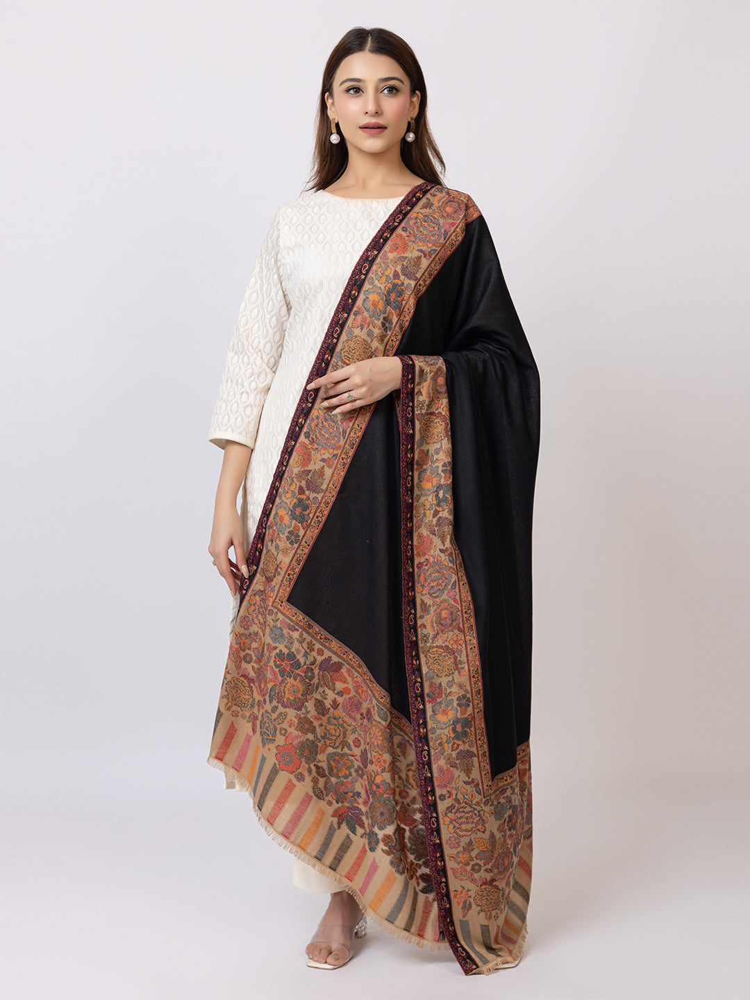 Tillaari Black Shawl with Floral Border