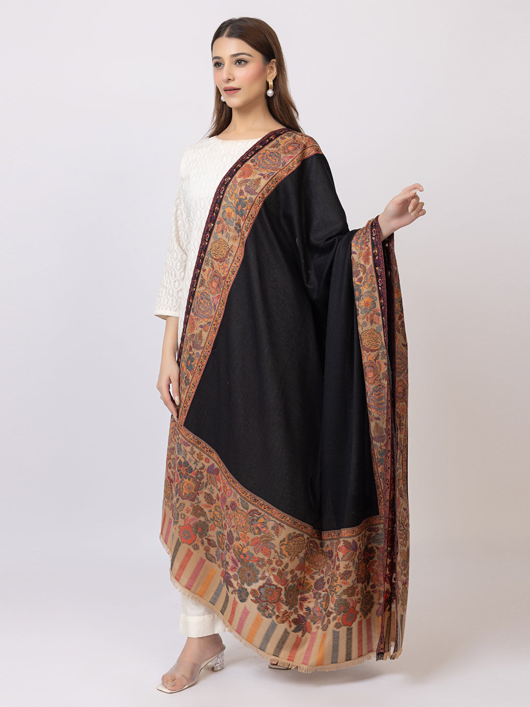 Tillaari Black Shawl with Floral Border