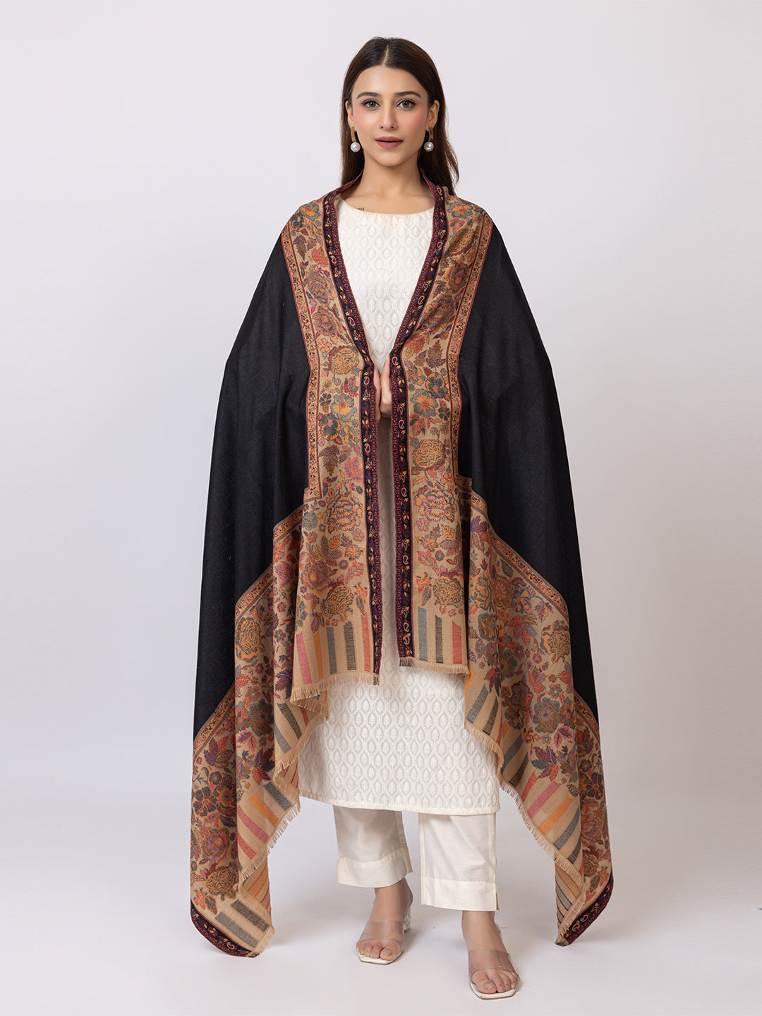 Tillaari Black Shawl with Floral Border