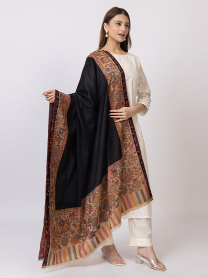 Tillaari Black Shawl with Floral Border