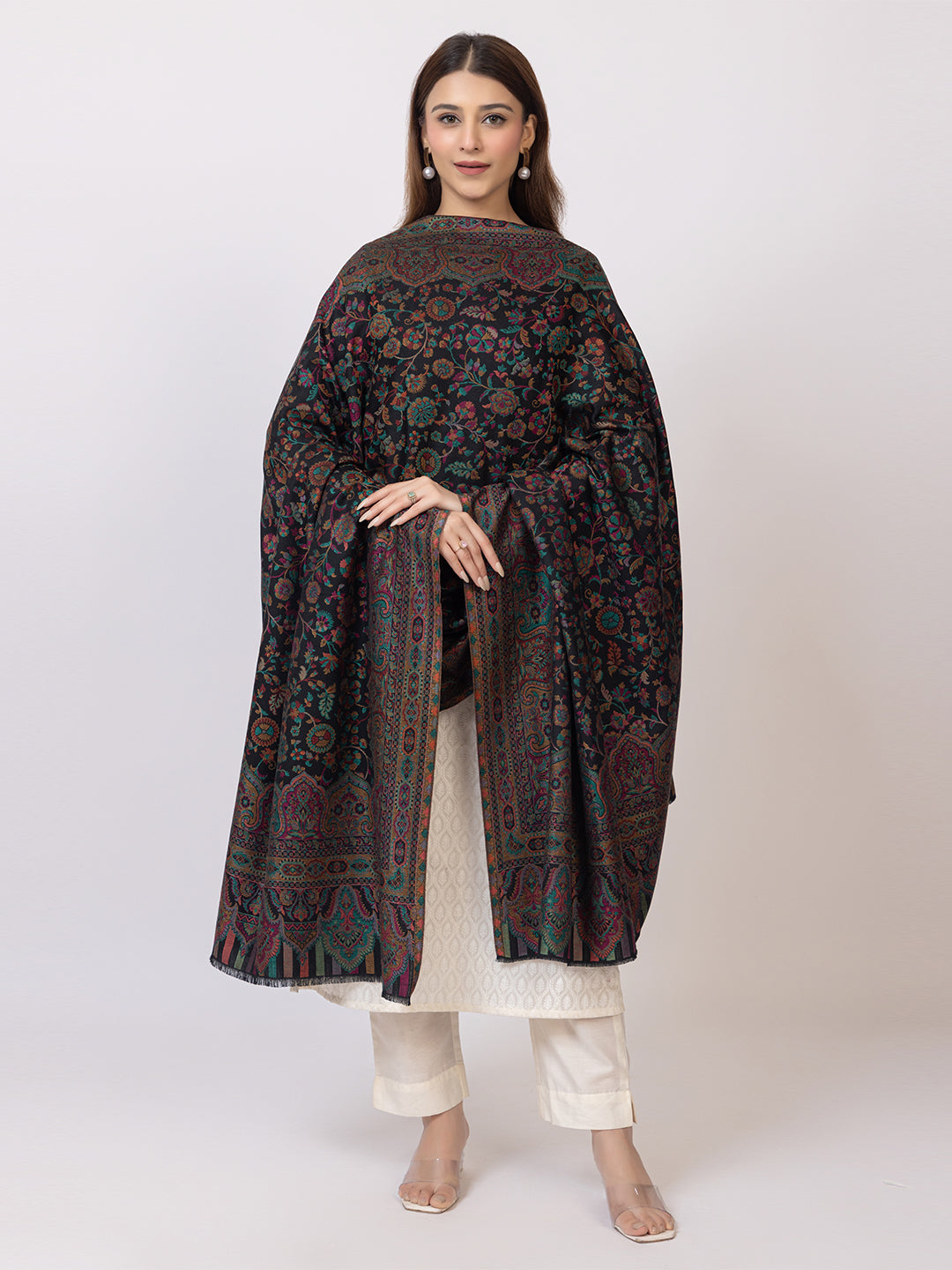 Tillaari Black Kani Shawl with Intricate Floral and Paisley Design