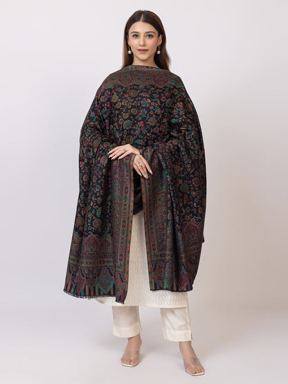 Tillaari Black Kani Shawl with Intricate Floral and Paisley Design