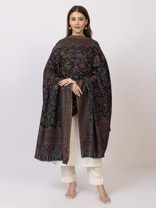 Tillaari Black Kani Shawl with Intricate Floral and Paisley Design